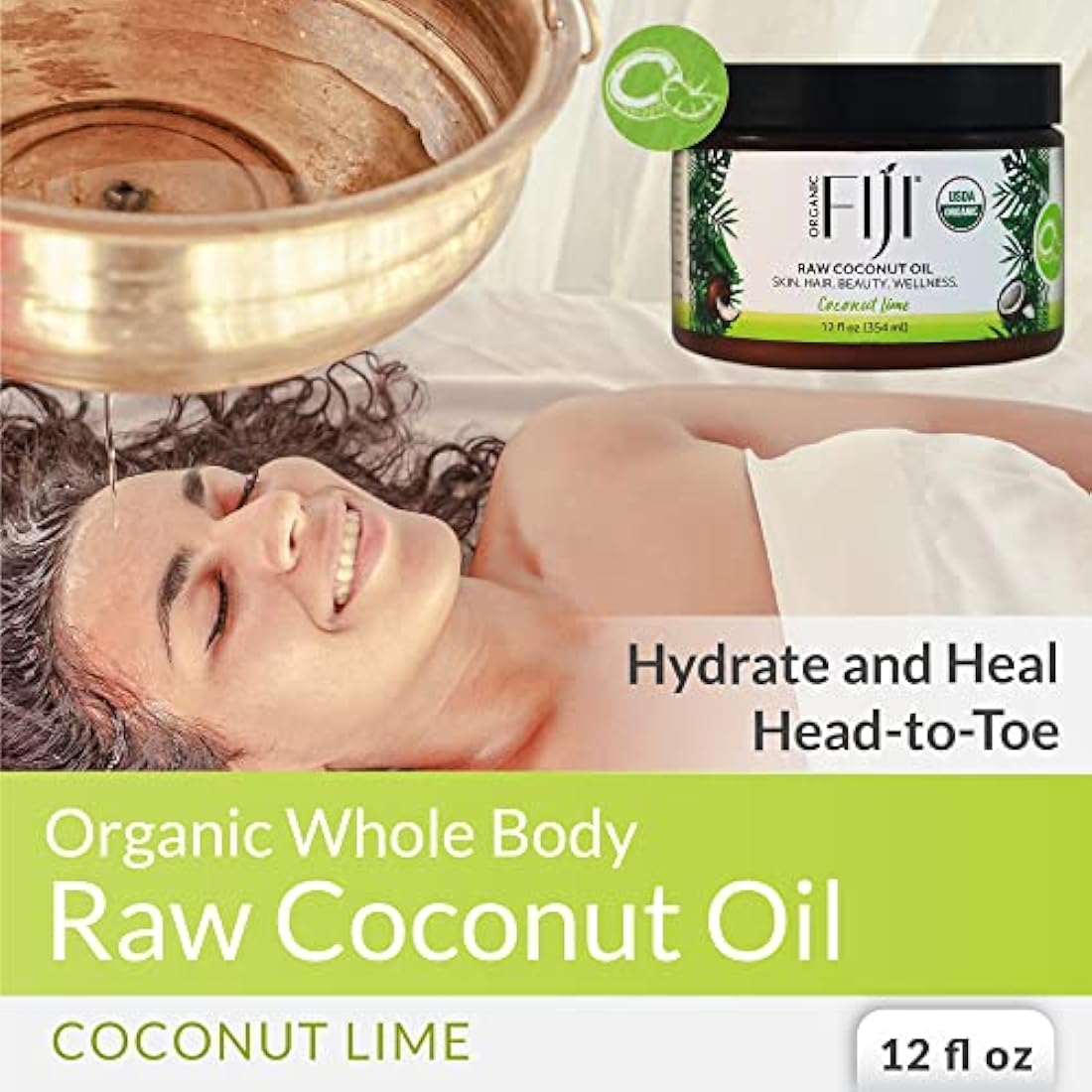Organic Fiji Raw Cold Pressed Coconut Oil for Hair & Skin | Coconut Lime, 12oz