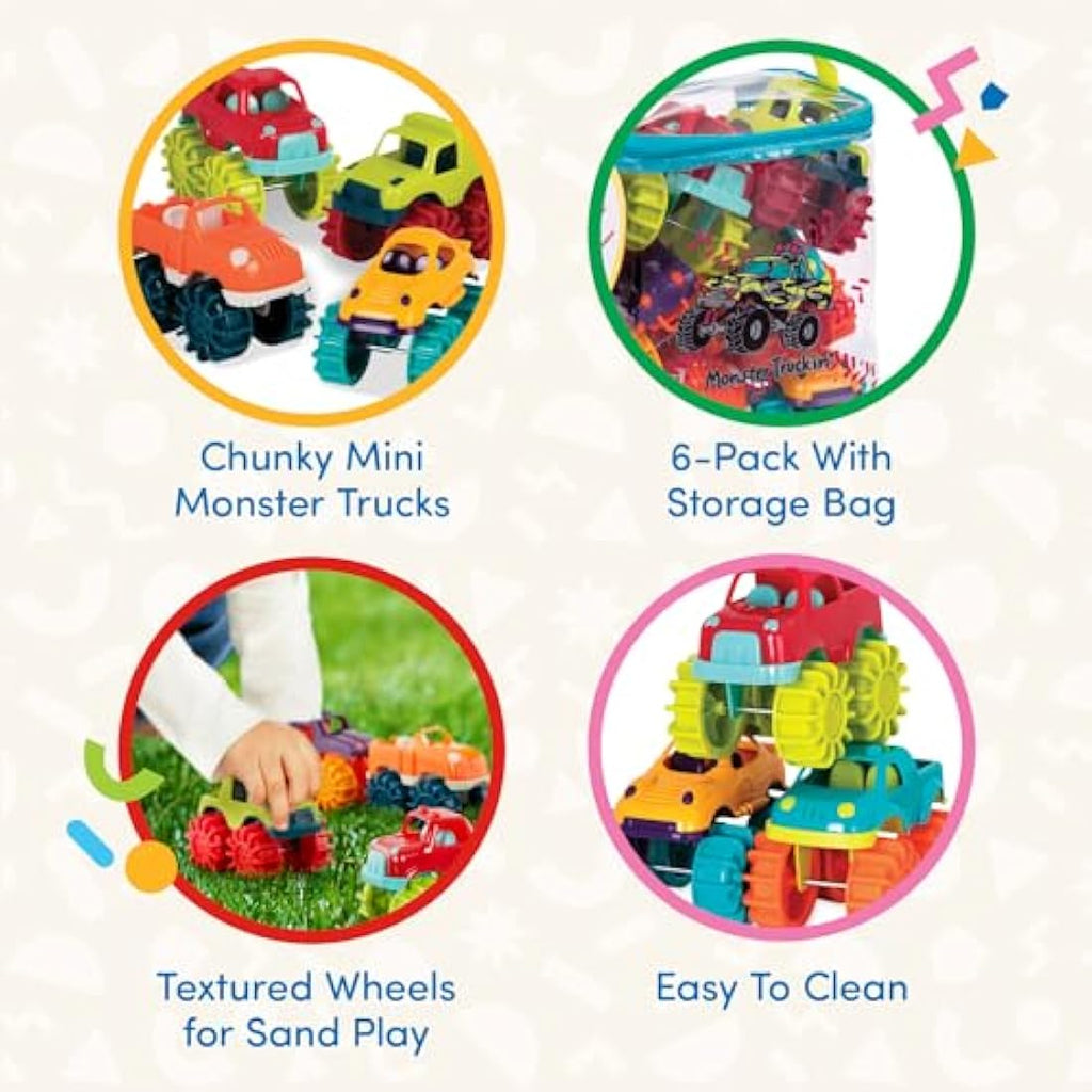 Battat Mini Monster Trucks – 6 Pack Colorful Toddler Toy Cars with Bag