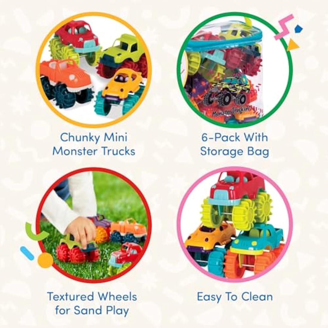 Battat Mini Monster Trucks – 6 Pack Colorful Toddler Toy Cars with Bag