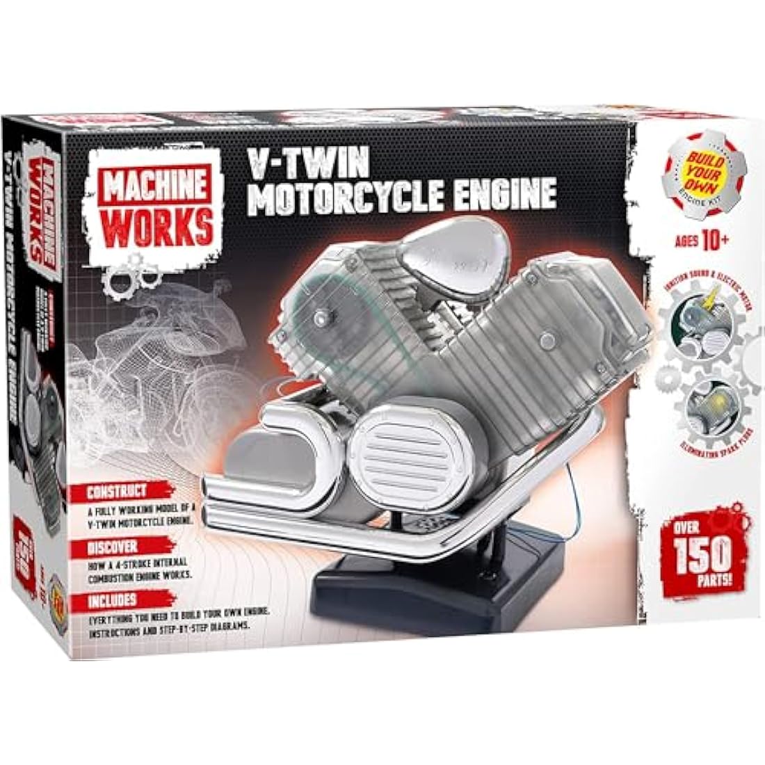 Machine Works V-Twin Motorcycle Engine Model Kit – 150+ Piece STEM Toy
