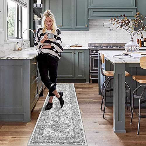 Enyhom Grey Runner Rug | 60x240cm Non-Slip Washable Moroccan Carpet