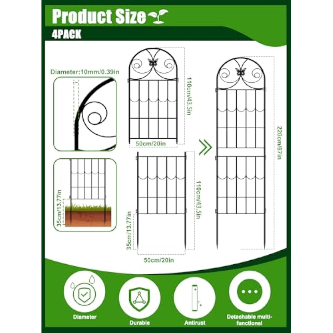 2.2M Garden Trellis | 4 Pack Rustproof Metal Plant Support