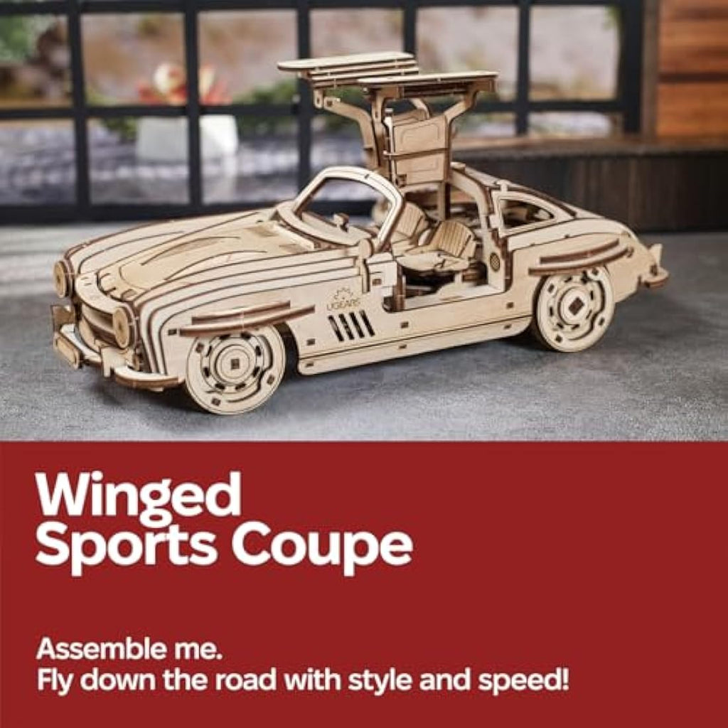 UGEARS Winged Sports Coupe 3D Wooden Puzzle – 1:24 Scale Model Car Kit