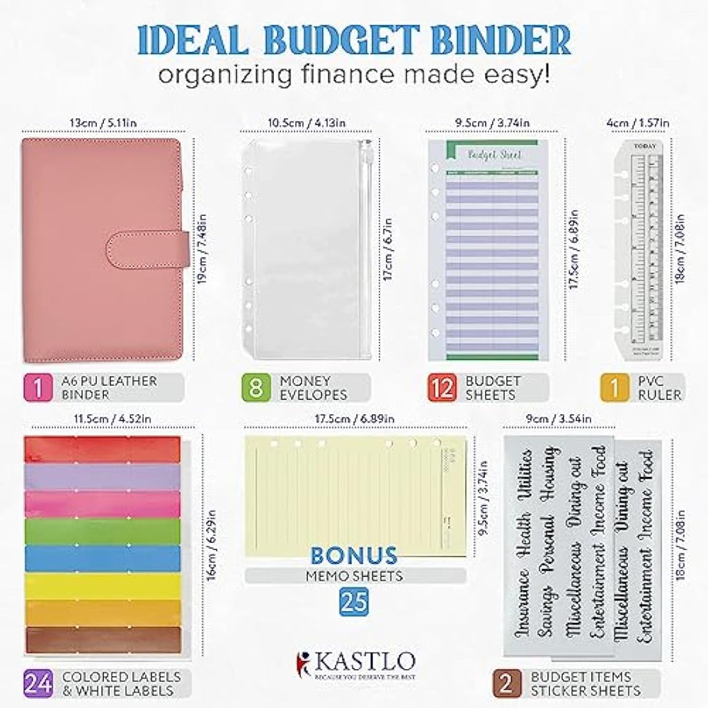 KASTLO A6 PU Leather Budget Binder - Cash Stuffing Wallet Organiser, Nude