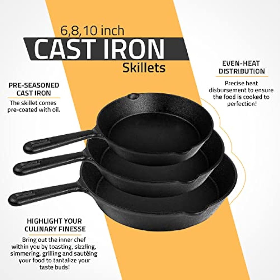 KICHLY Pre-Seasoned Cast Iron Skillet Set - 6, 8, 10 Inch Frying Pans