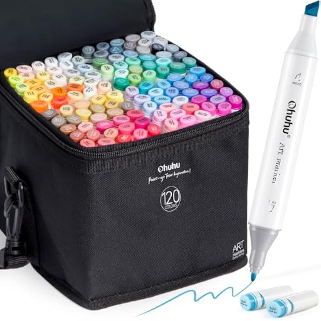 Ohuhu 120 Colors Dual Tip Art Markers – Permanent Drawing Pens with Case