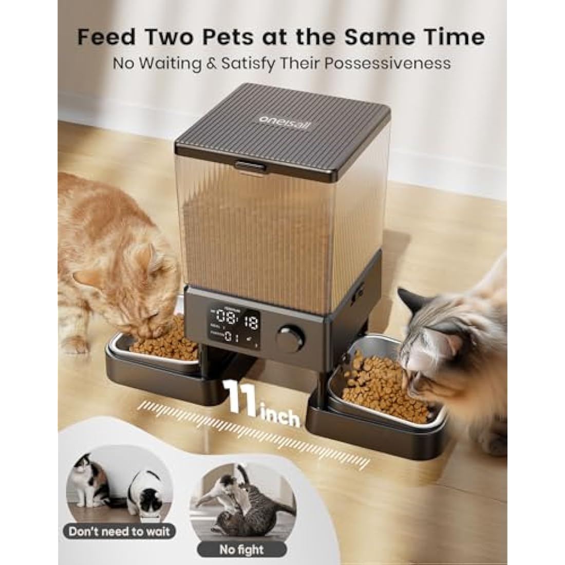oneisall 5L Automatic Cat Feeder for 2 Cats | Timed Dual Food Dispenser