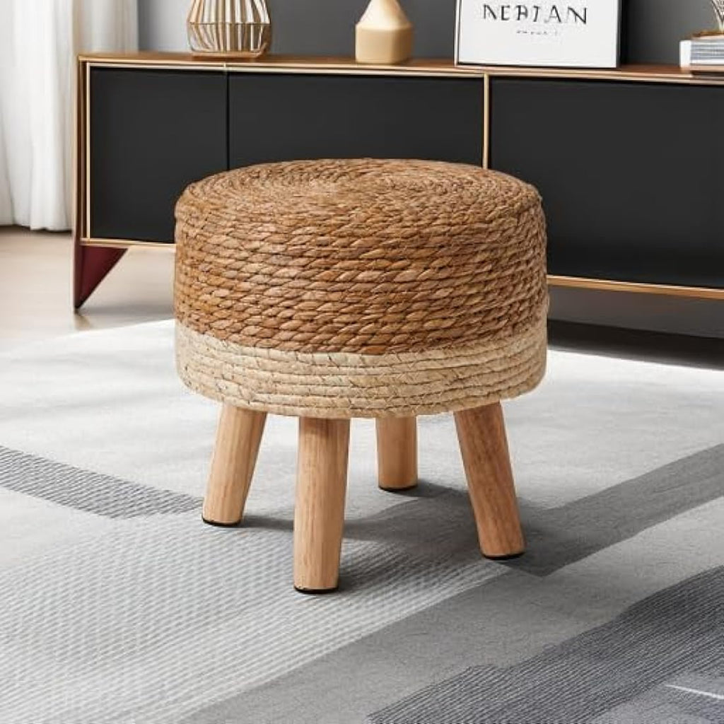 YMYNY Natural Seagrass Footstool | Hand-Woven Ottoman with Pine Legs
