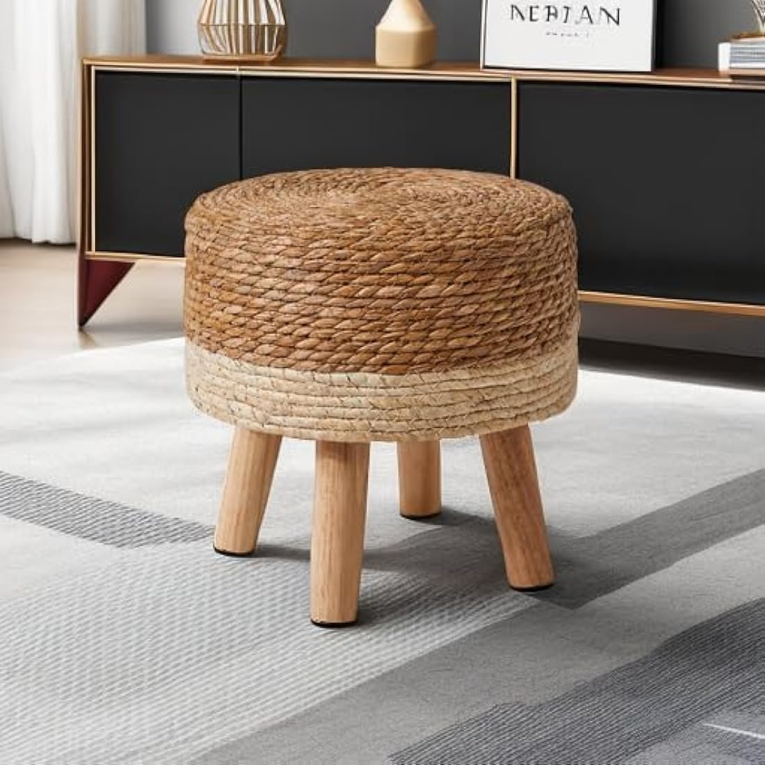 YMYNY Natural Seagrass Footstool | Hand-Woven Ottoman with Pine Legs