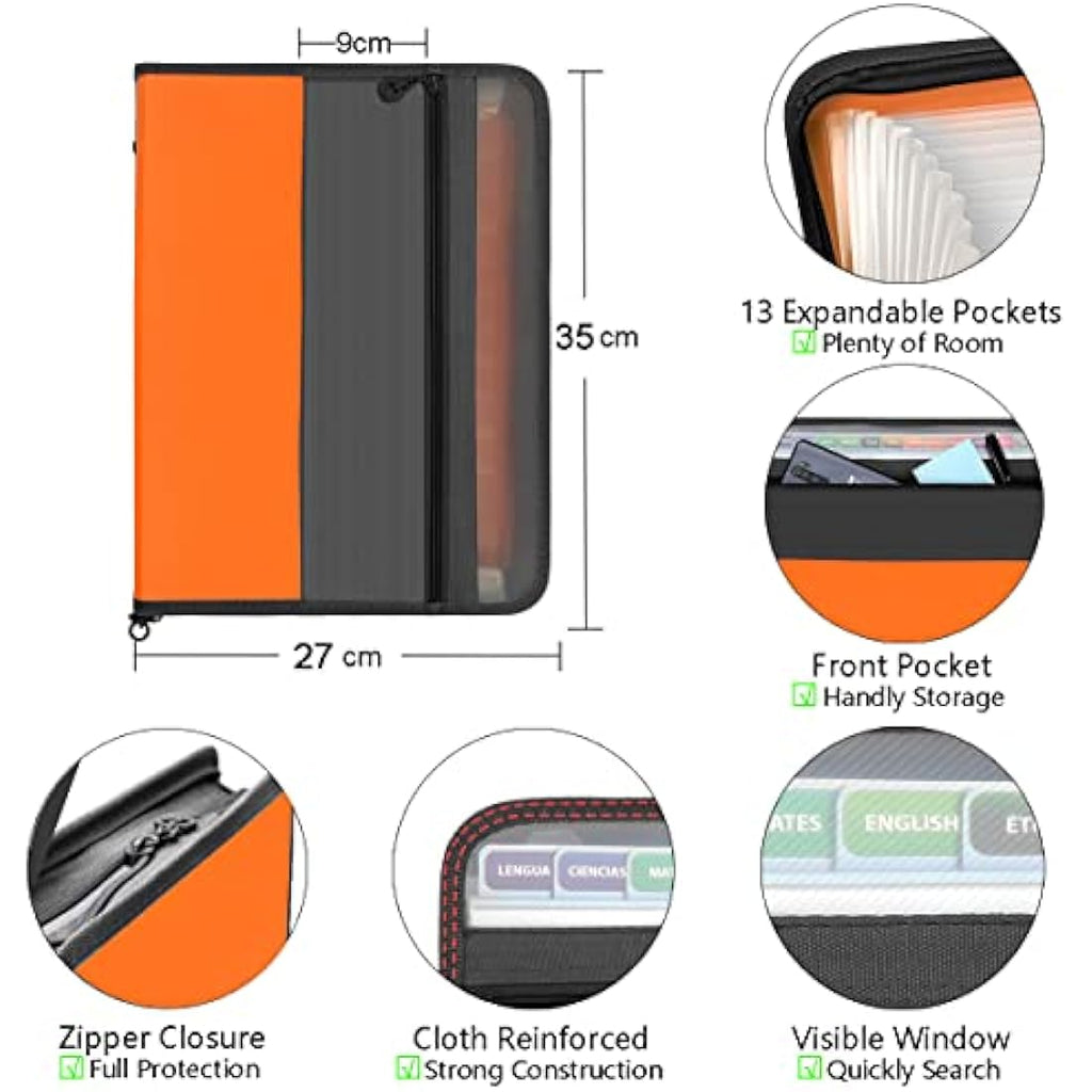 Tranbo 13 Pockets Expanding File Folder | A4 Zippered Document Organizer