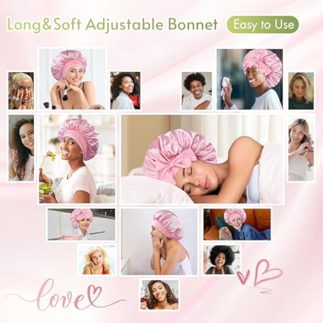 Satin Silk Bonnet for Curly Hair | Adjustable Tie Band, Pink