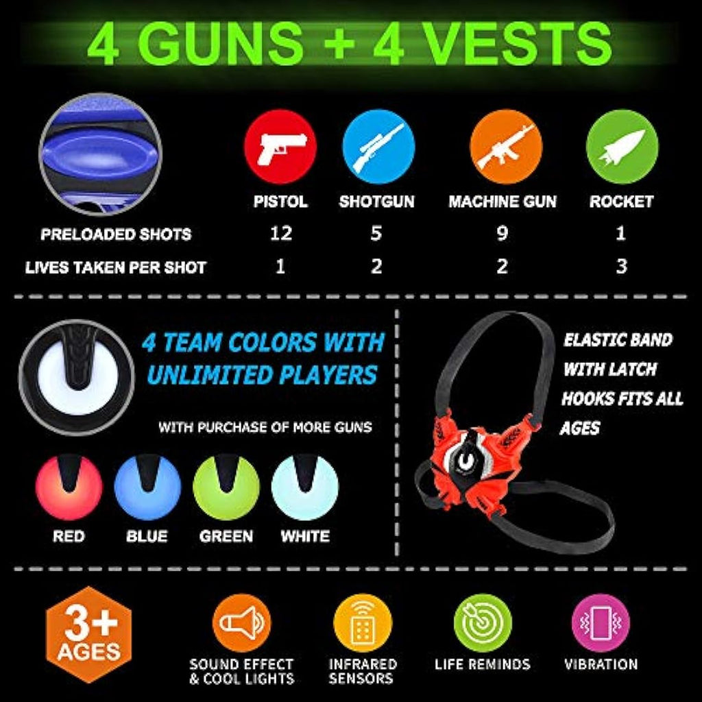Laser Tag Guns Set of 4 with Vests – Infrared Shooting Game