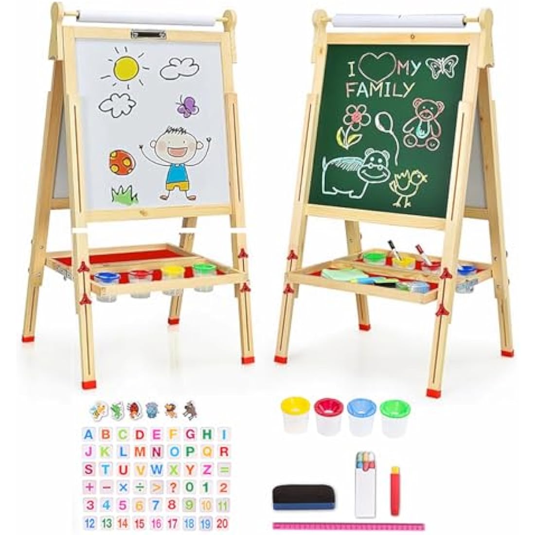 EAQ Kids Wooden Art Easel | Height Adjustable 3-in-1 Drawing Board