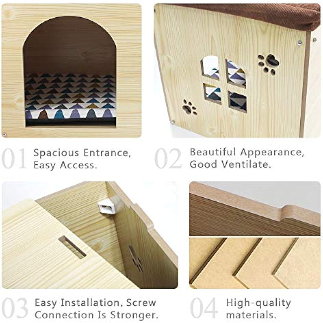 Foldable Cat Cave House – Wood Ottoman Pet Bed with Cushion