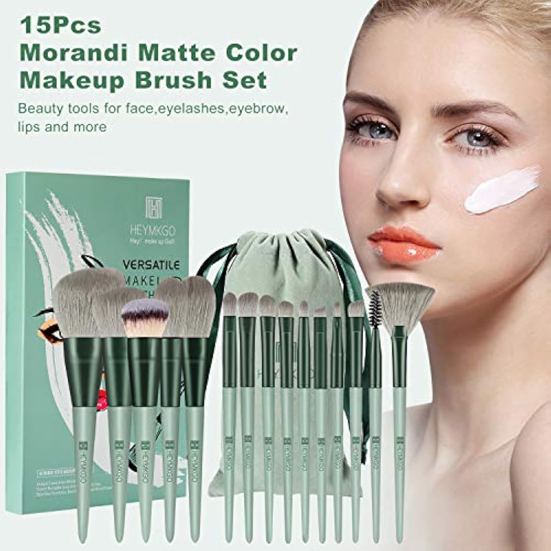 HEYMKGO 15pcs Professional Makeup Brush Set with Travel Flannel Bag
