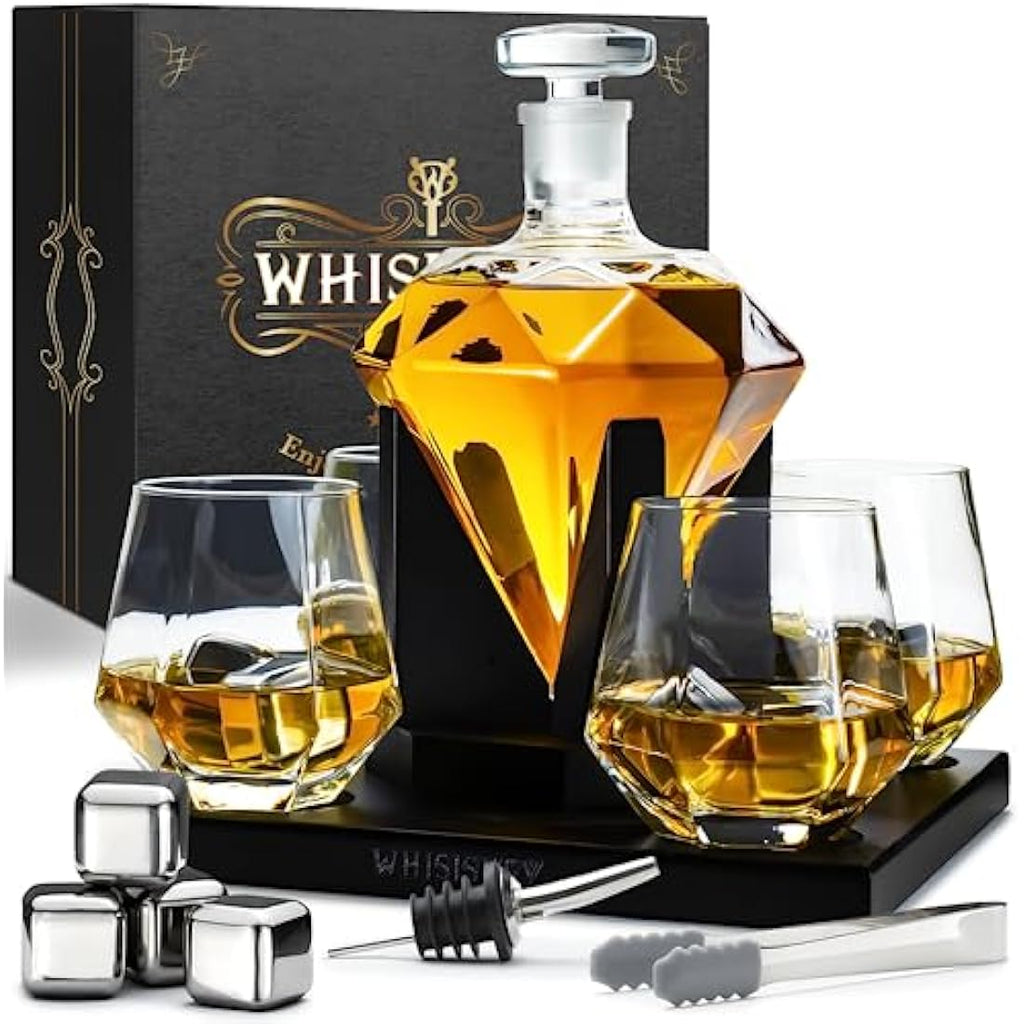 Whisiskey Diamond Whiskey Decanter Set - 1000ml Carafe with 4 Glasses