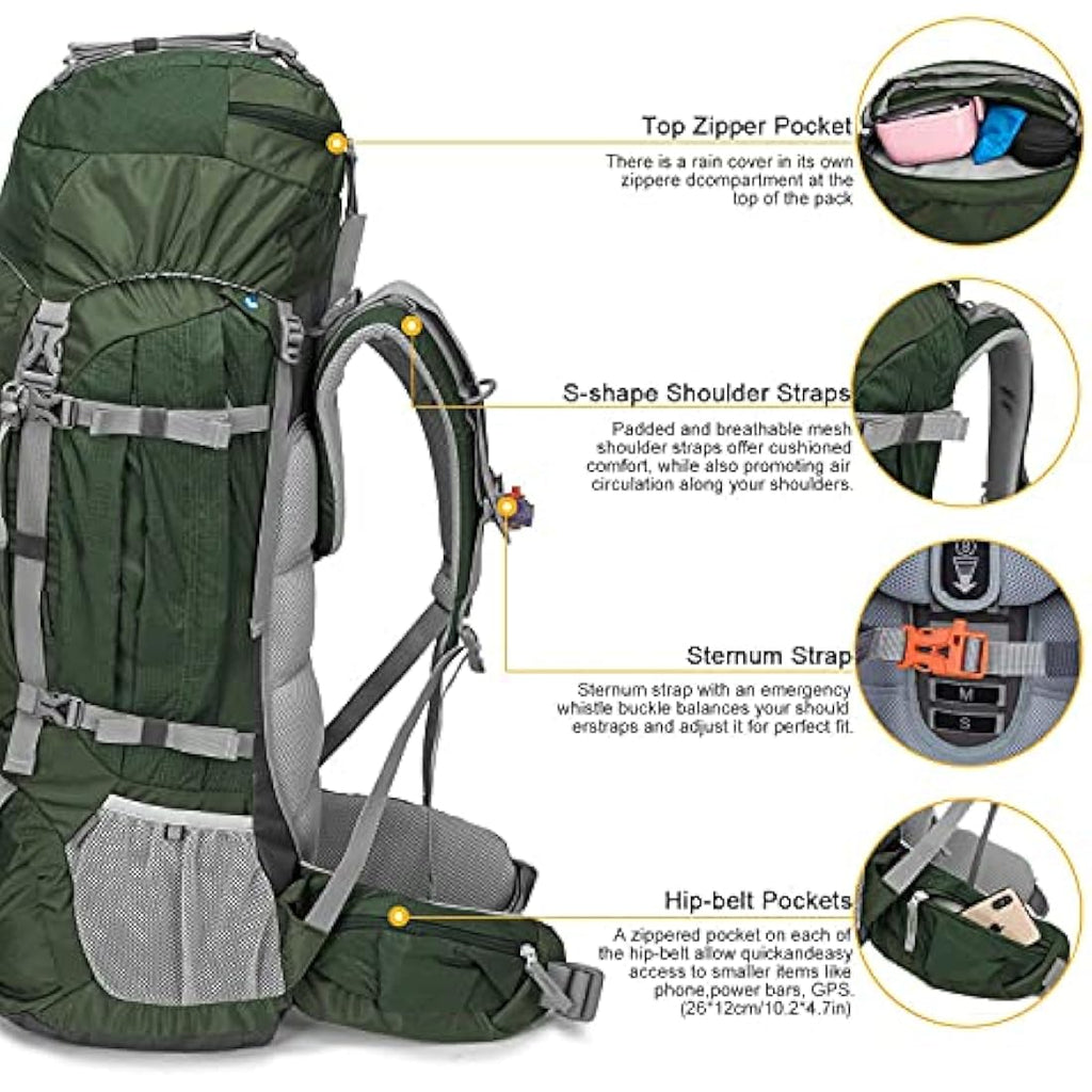 MOUNTAINTOP 80L Hiking Backpack | Waterproof Nylon Trekking Rucksack