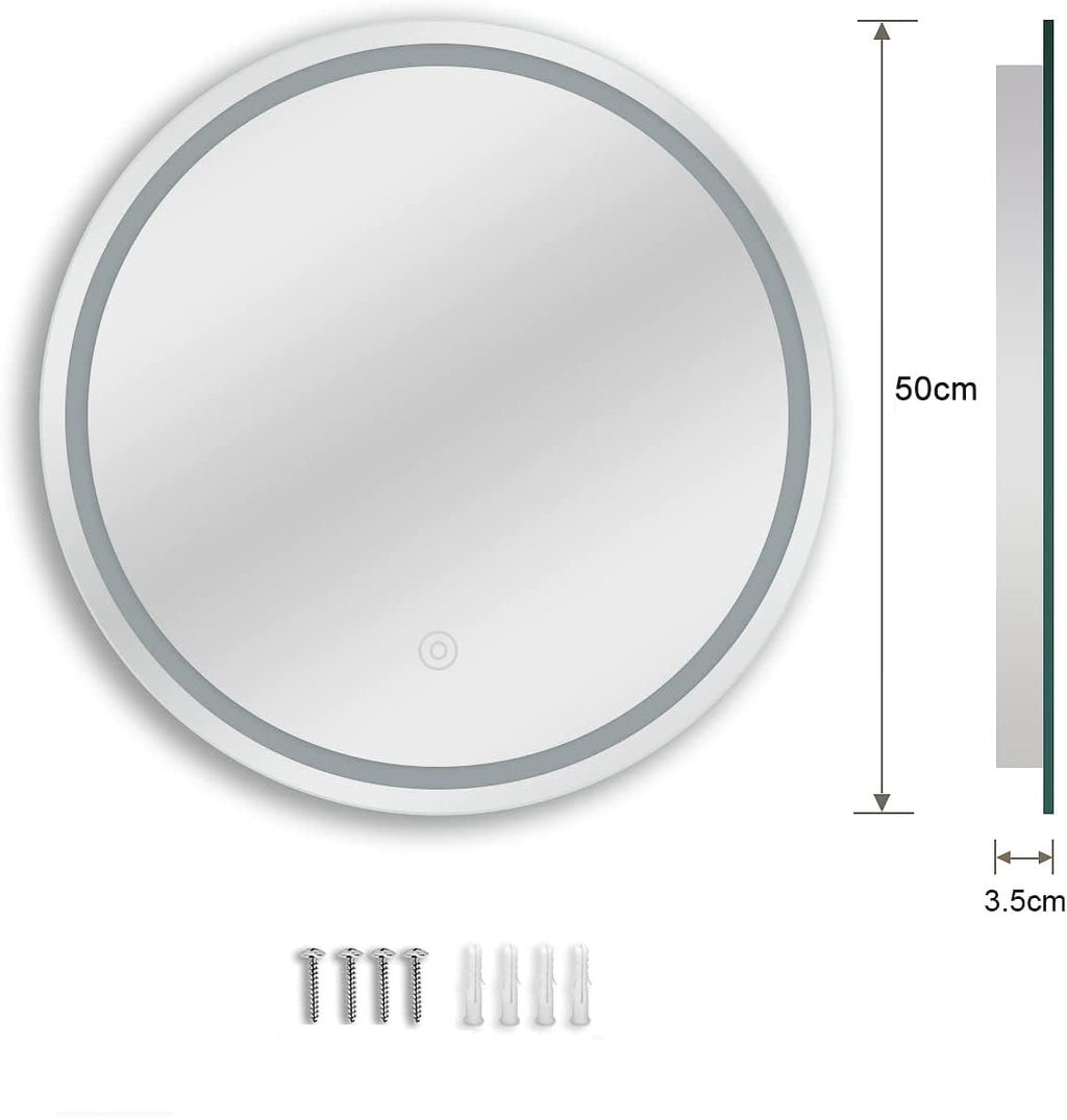Dripex 500mm Round LED Bathroom Mirror | Anti-Fog Wall Mounted Vanity