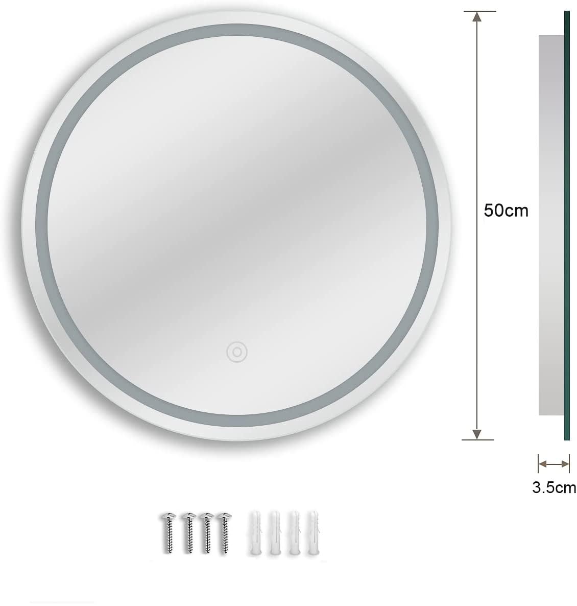 Dripex 500mm Round LED Bathroom Mirror | Anti-Fog Wall Mounted Vanity