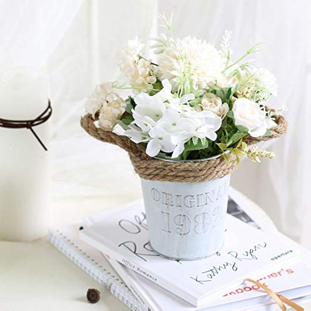 Artificial White Hydrangea and Silk Roses in Metal Pot