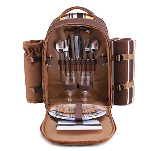 Apollo Walker 2 Person Picnic Backpack with Blanket & Tableware – Brown
