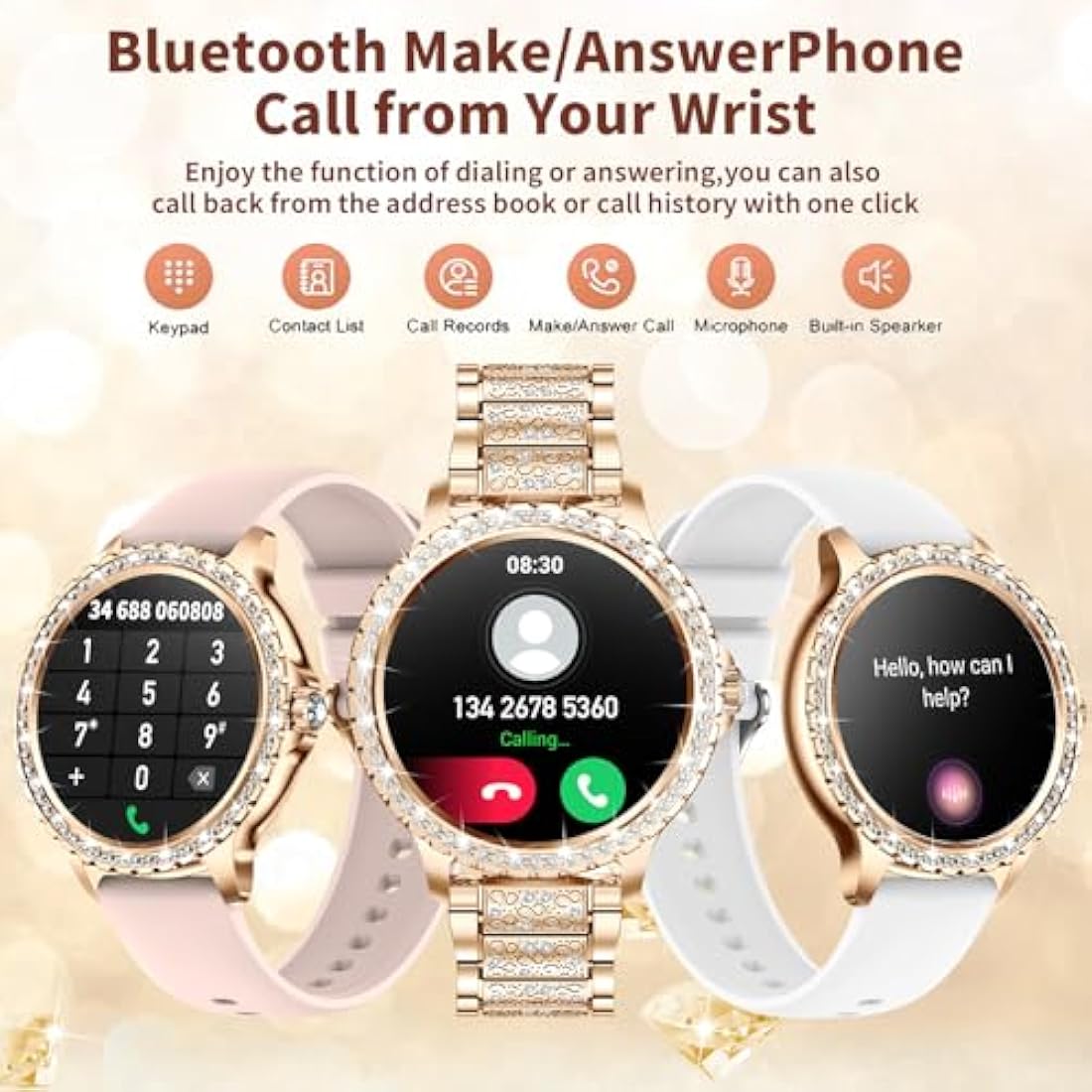 Jolof Store Women's Diamond Smart Watch - Bluetooth Call & Health Tracker