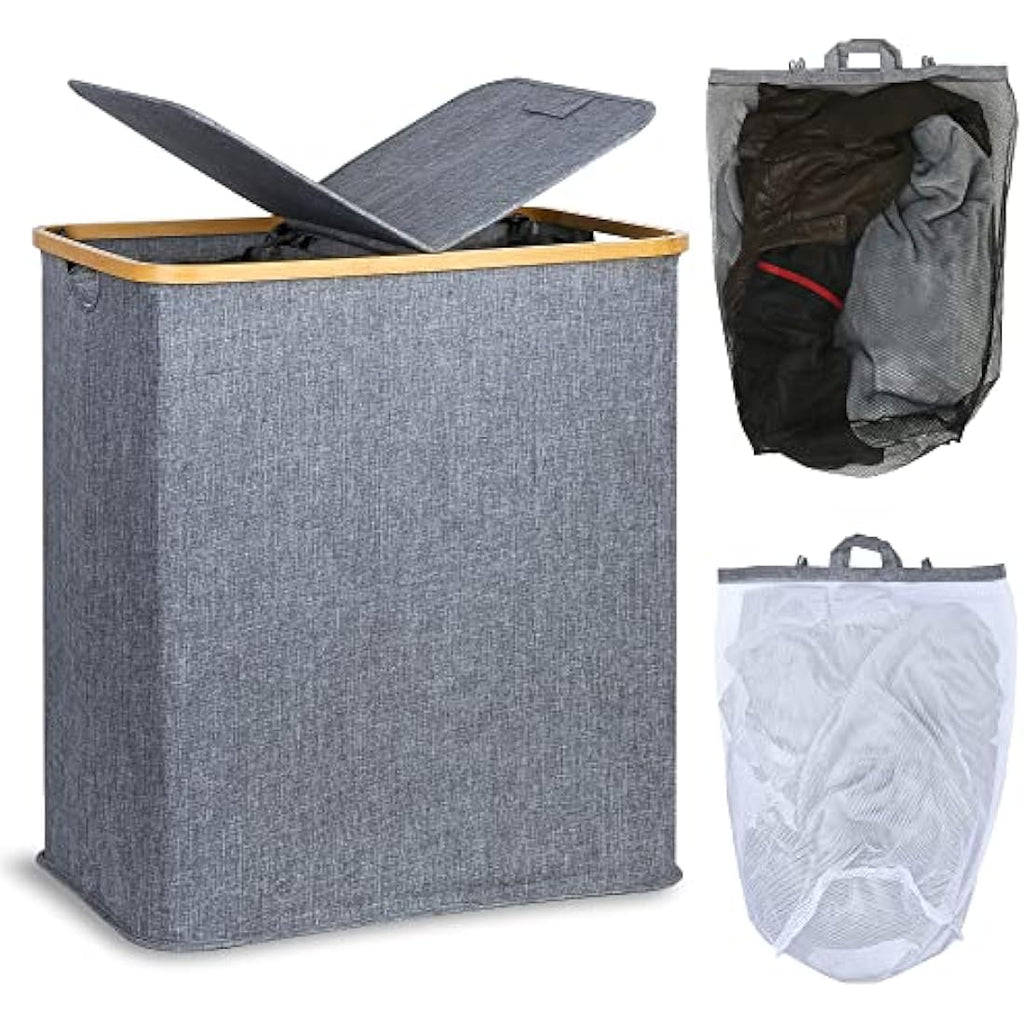 Efluky 140L Large Divided Laundry Hamper with Lid | Bamboo & Linen