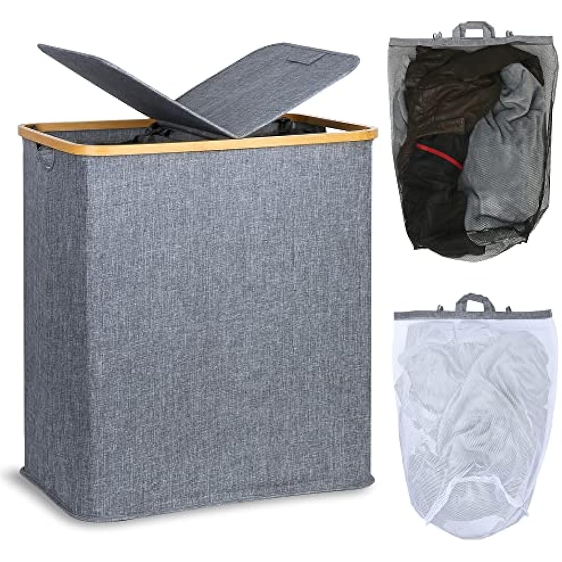 Efluky 140L Large Divided Laundry Hamper with Lid | Bamboo & Linen