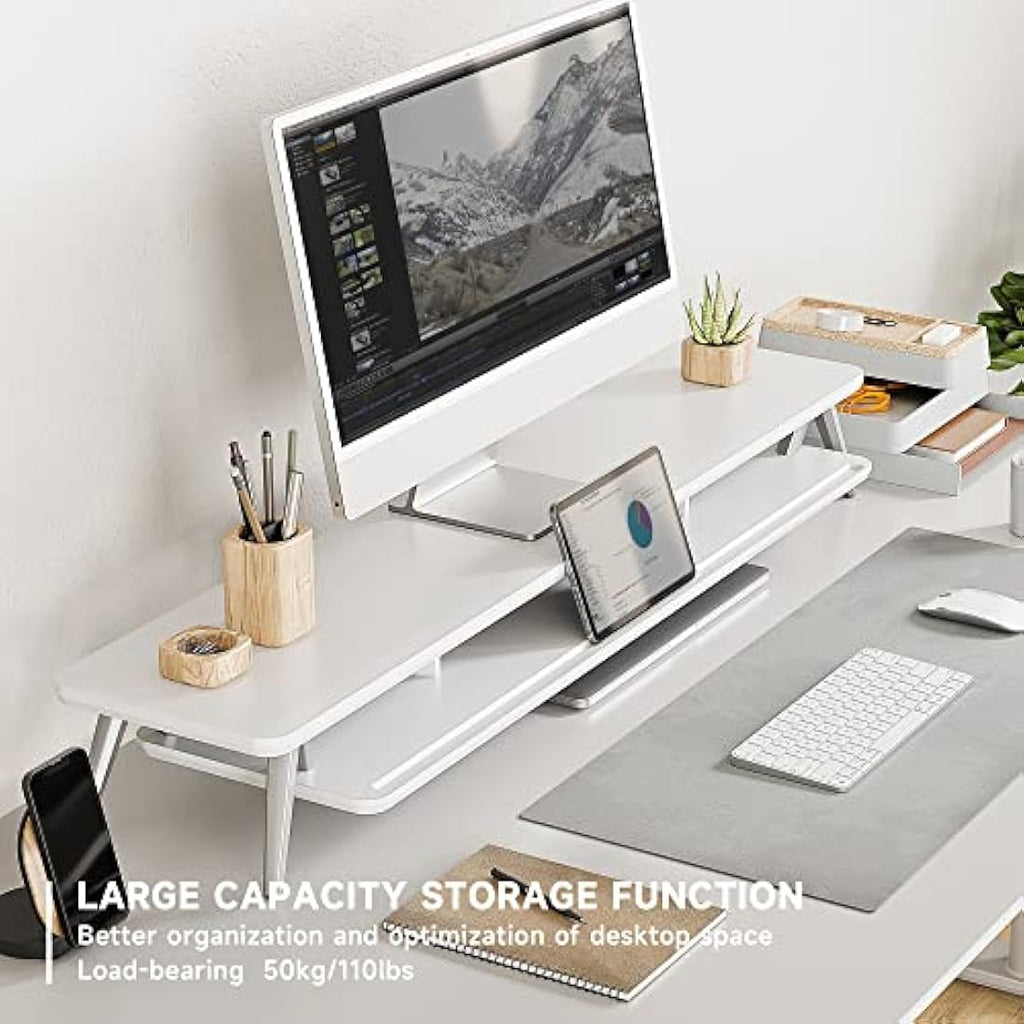 Fenge Dual Monitor Stand Riser – 108cm Large Desk Organizer (White)