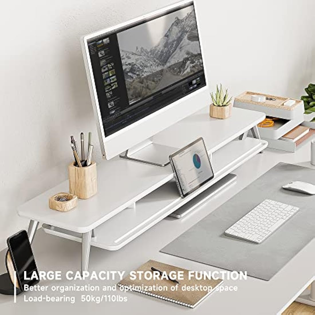 Fenge Dual Monitor Stand Riser – 108cm Large Desk Organizer (White)