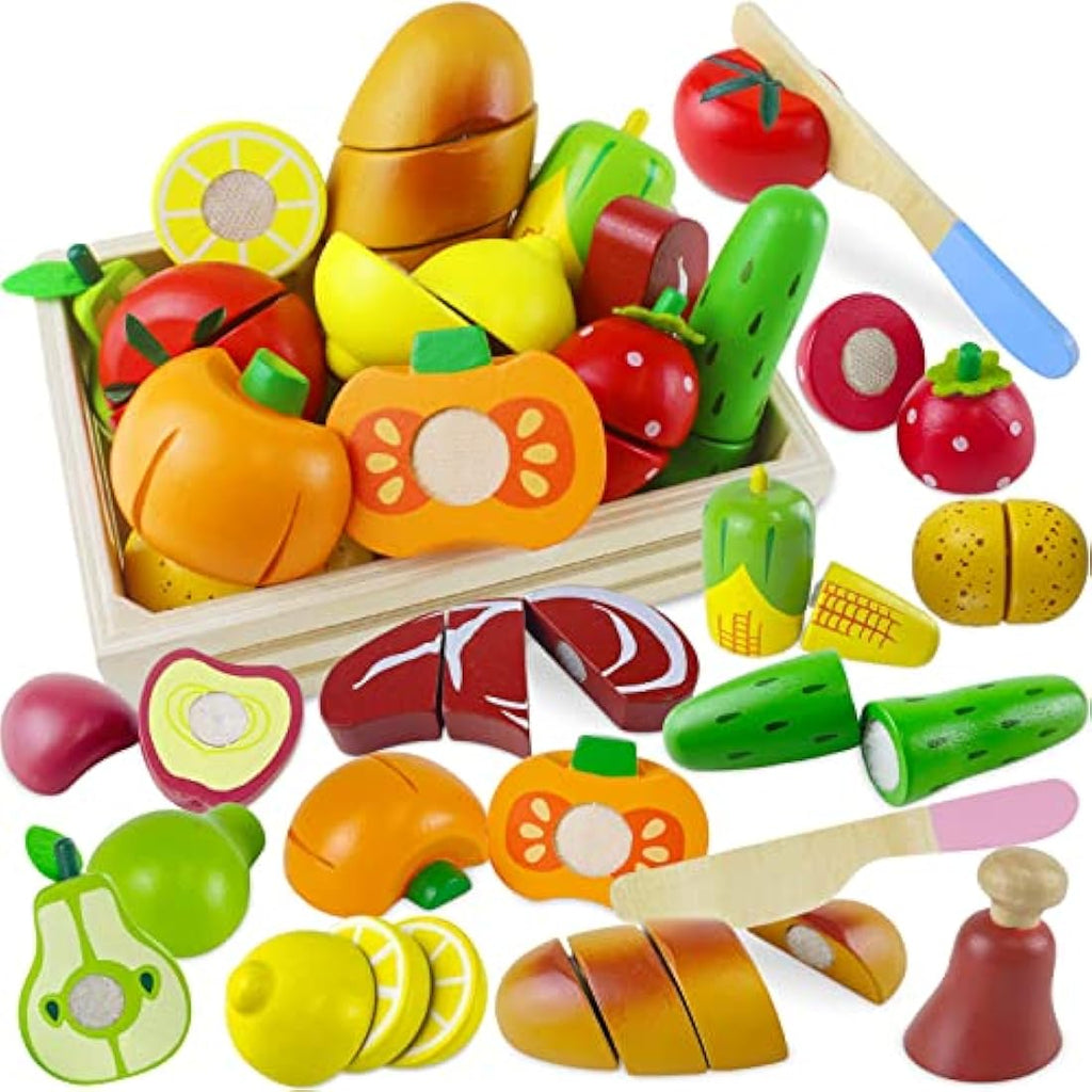 Beberolen Wooden Play Food Set – Montessori Cutting Fruit & Vegetable Toys