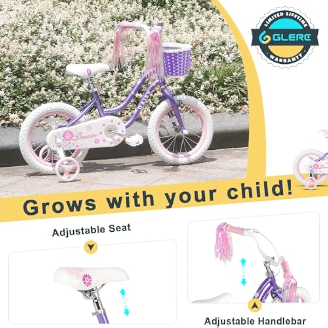 Glerc Daisy 14 Inch Girls Bike with Training Wheels and Basket