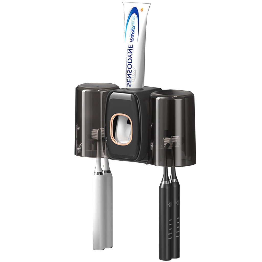 Braozaiw toothbrush holder wall mounted, toothpaste dispenser, electric toothbrush holder, With 4 Brush Slots 2 Cups No Drilling Required Black - image 1