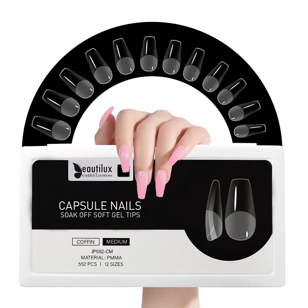 Beautilux Medium Coffin Gel Nail Tips - 552 Pcs Full Cover Soft Acrylic Set