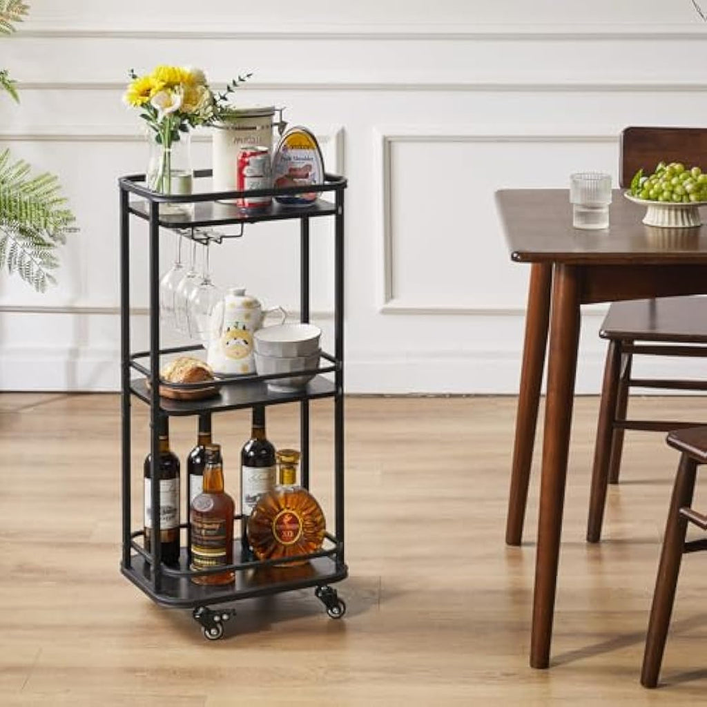 IBUYKE 3-Tier Rolling Bar Cart – Rustic Brown Kitchen Serving Trolley
