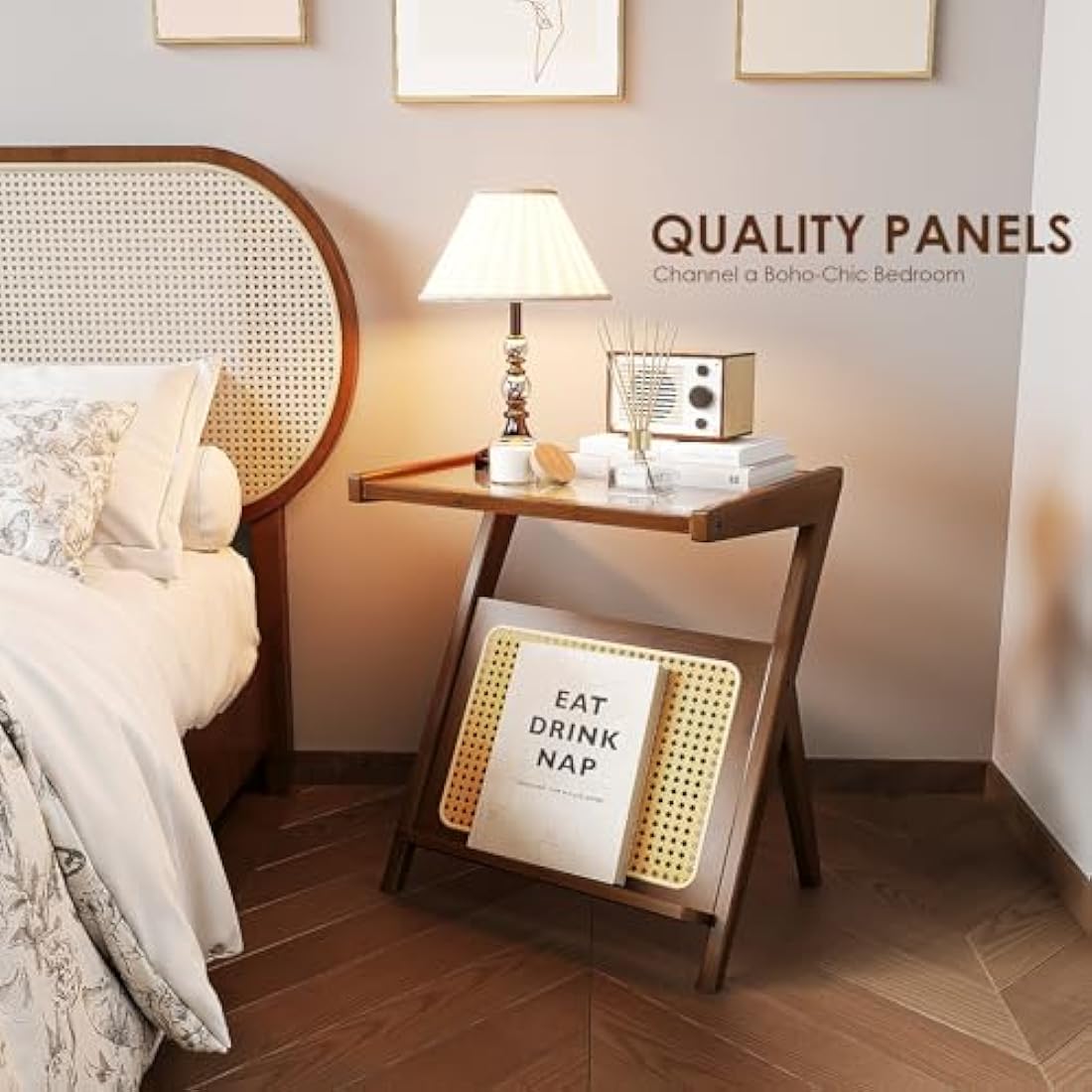 Bamworld Boho Rattan Side Table | Bamboo & Glass Z-Shaped Nightstand