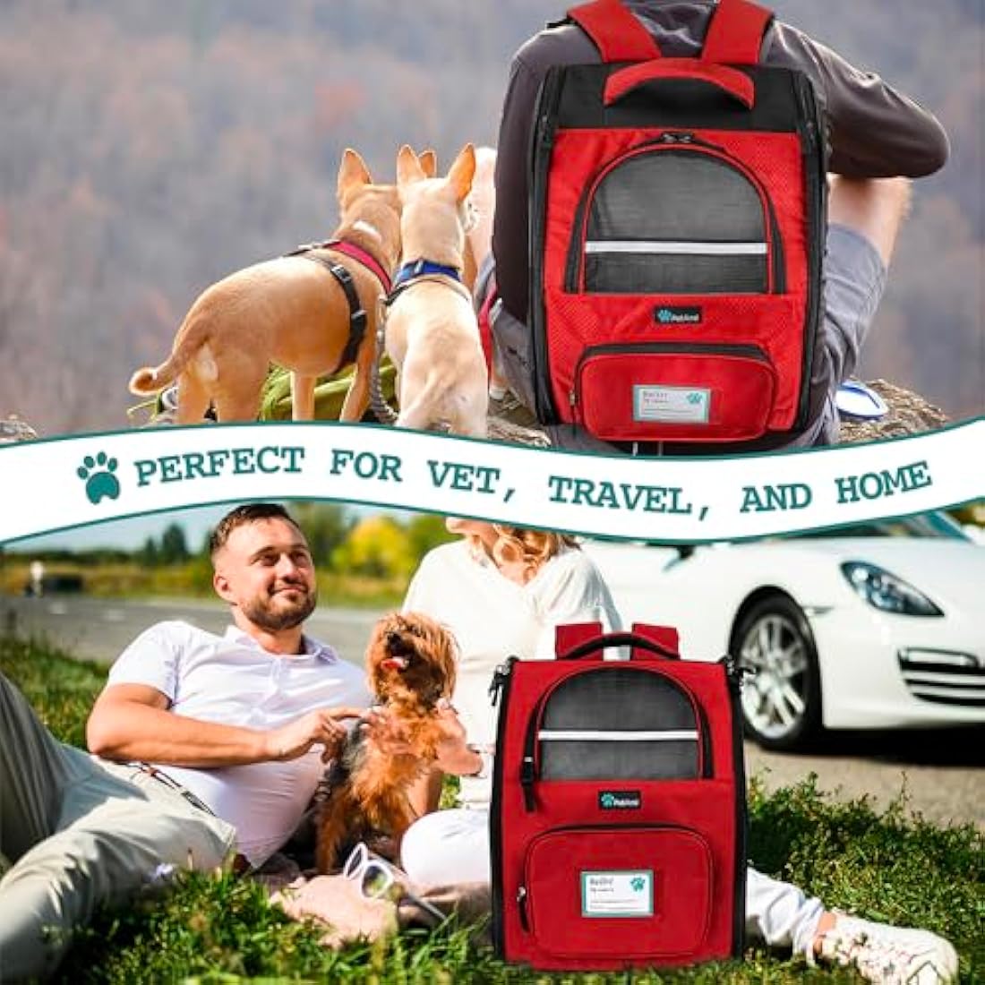 PetAmi Dog Backpack Carrier | Ventilated Airline Approved Hiking Bag - Red