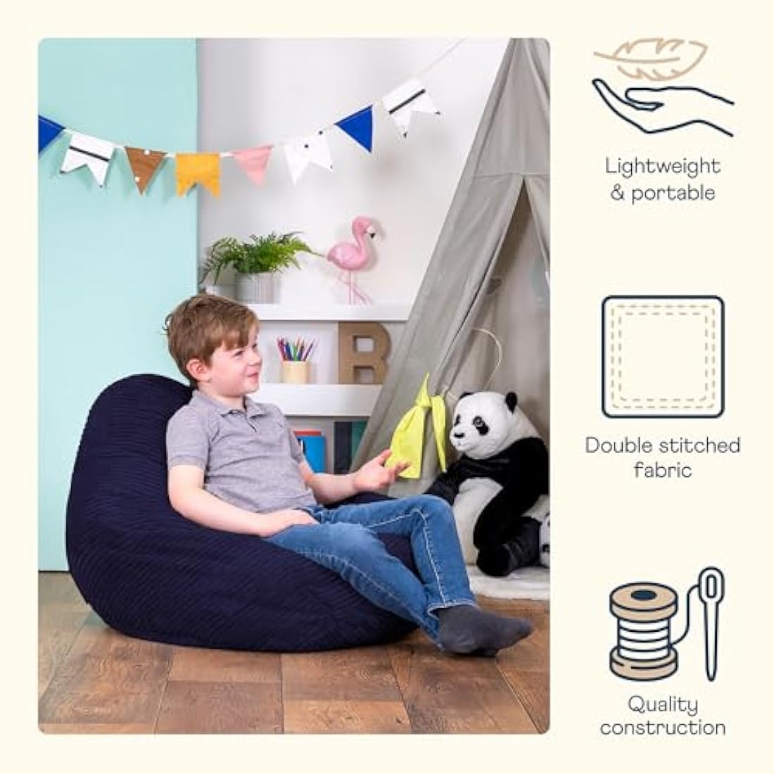 icon Dalton Kids Bean Bag Chair – Navy Blue Corduroy Gaming Seat