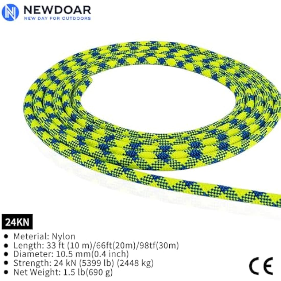 NewDoar 10.5mm Dynamic Climbing Rope | 24KN Nylon Kernmantle Cord