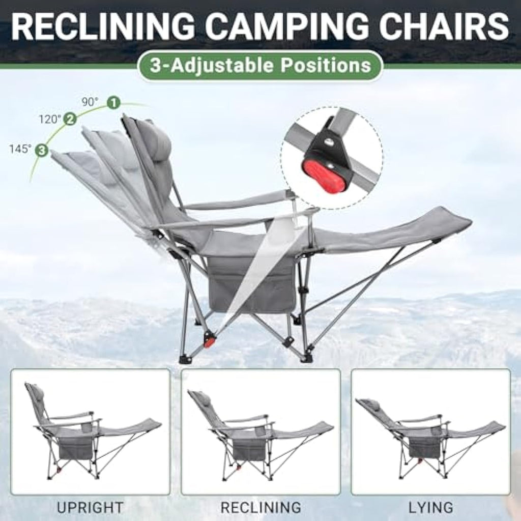 WEJOY Folding Reclining Camping Chairs with Footrest, Grey Padded - Set of 2