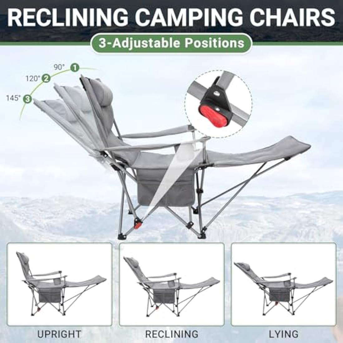 WEJOY Folding Reclining Camping Chairs with Footrest, Grey Padded - Set of 2