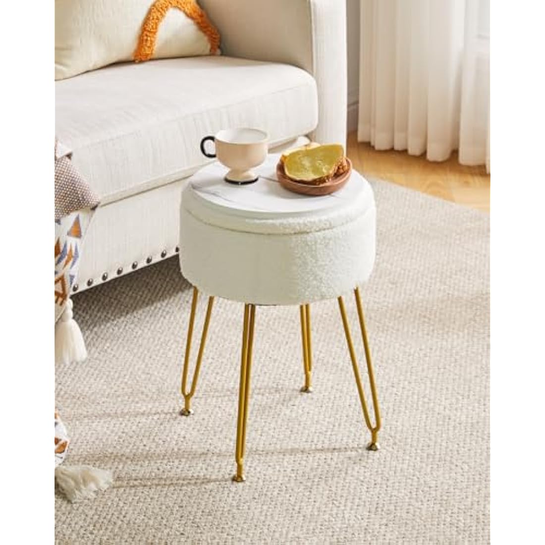 IBUYKE Teddy Velvet Storage Ottoman – Vanity Stool with Gold Legs, White