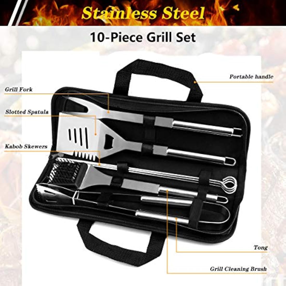 10-Piece Stainless Steel BBQ Tool Set with Storage Bag