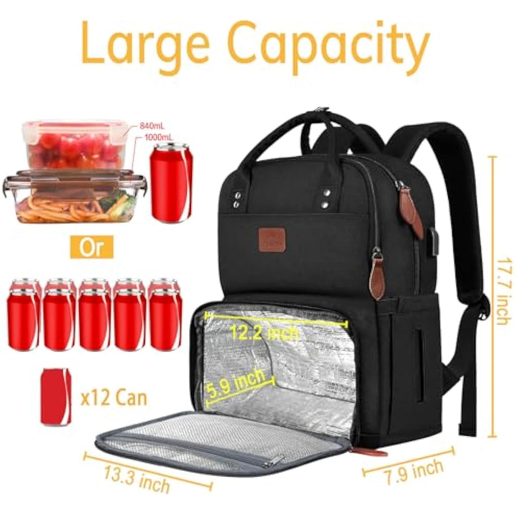 Matein 17 Inch Laptop Lunch Backpack | Insulated Cooler & USB Port – Black