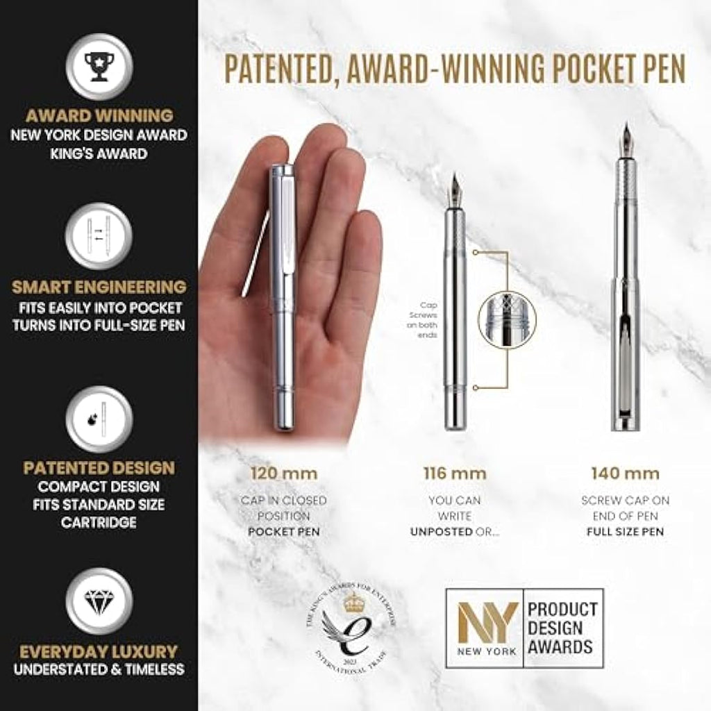 Scriveiner Silver Chrome Fountain Pen | Fine Schmidt Nib Pocket Pen