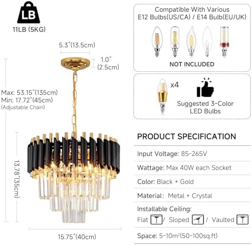 AOOCHOK Modern Crystal Chandelier – Black and Gold Pendant Light, 40cm