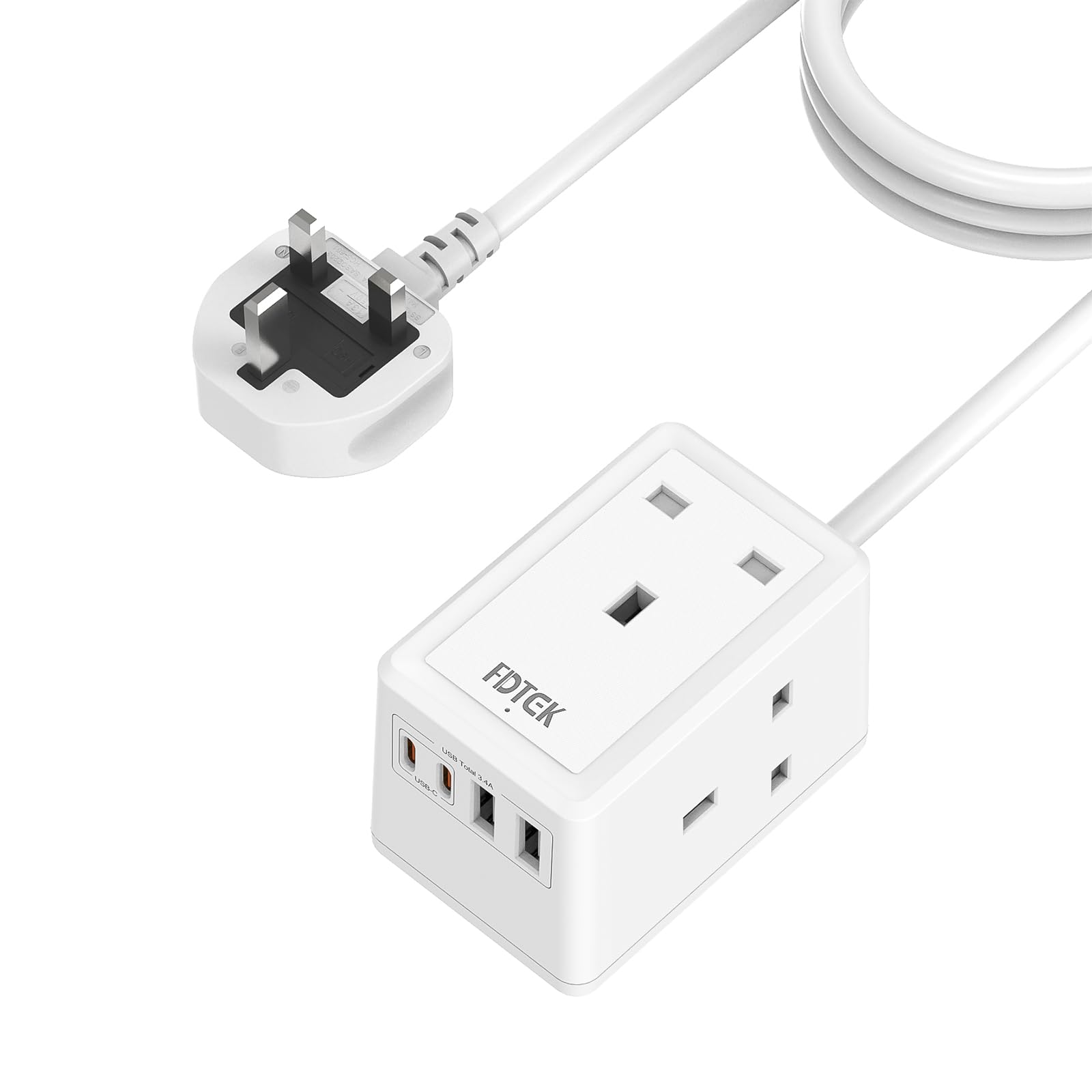 FDTEK Extension Lead: 3 AC Outlets, 4 USB Slots, 3M Wall Mount Power Strip