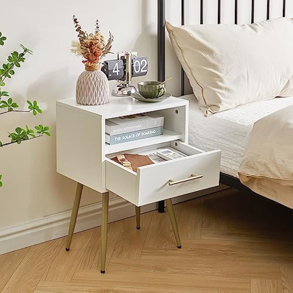 IBUYKE Mid-Century Modern Nightstand | 2-Tier White Bedside Table