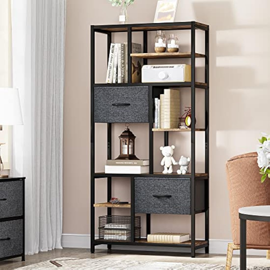 YITAHOME 7-Tier Industrial Bookshelf with Drawers | Rustic Brown