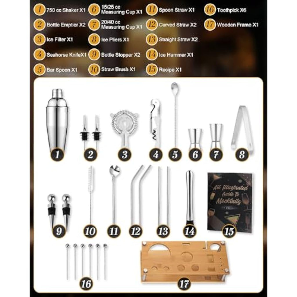 Trongle 26-Piece Cocktail Shaker Set | Stainless Steel Kit with Wood Stand